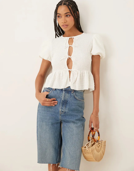  Mango Crinkle Textures Tie Front Blouse In Cream Neutral 