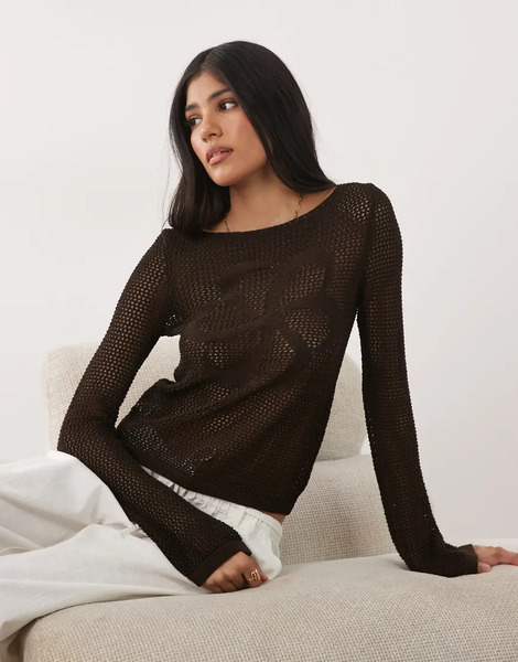  Mango Crochet Beach Top In Brown 