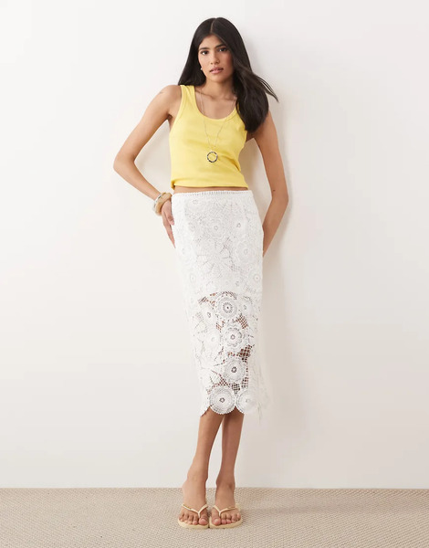  Mango Crochet Midi Skirt In White 