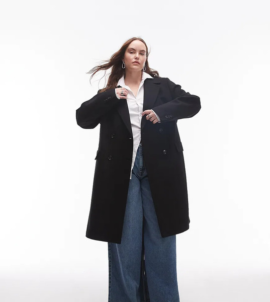  Mango Curve Double Breasted Wool Coat In Black 