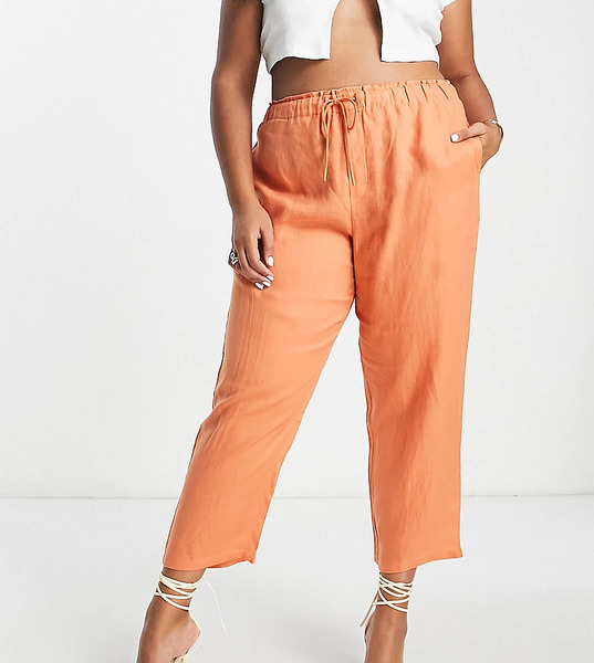  Mango Curve Tie Up Linen Trousers In Orange 
