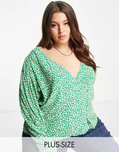  Mango Curve V Neck Blouse In Green Print 