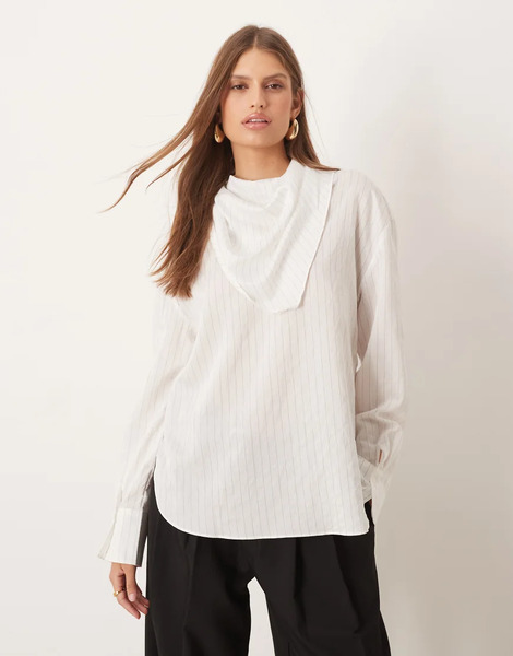  Mango Curved Hem Blouse In White Pinstripe 