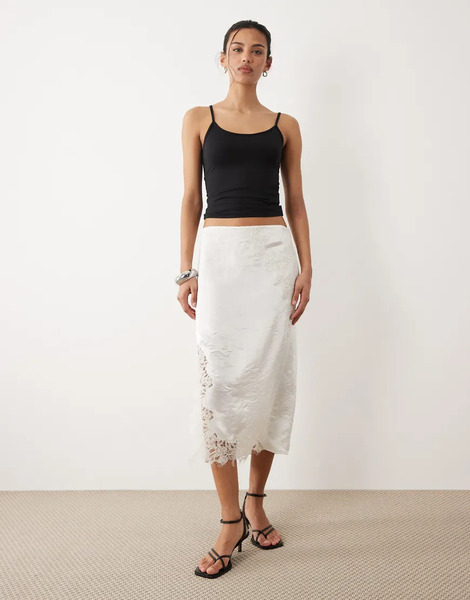  Mango Delicate Lace Midi Skirt In White 