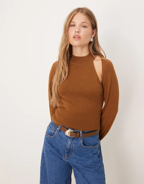  Mango Double Layer Knitted Top In Brown 