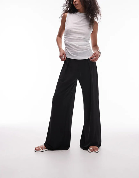  Mango Elasticated Waist Wide Leg Stretch Trousers In Black 