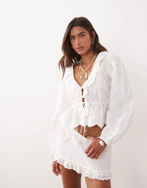  Mango Embroidered Tie Front Blouse With Ruffles In White Neutral 