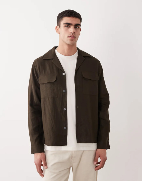  Mango Essentials 100% Linen Button Up Shacket In Chocolate Brown 