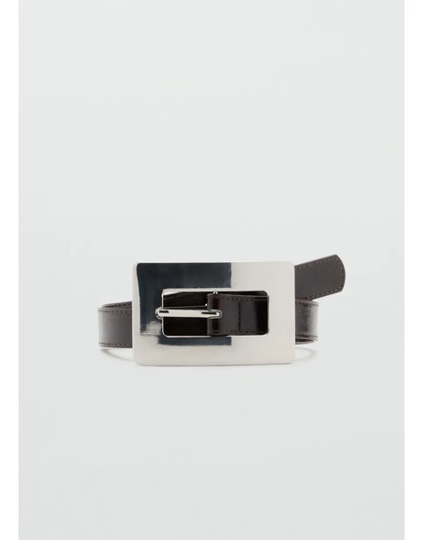  Mango Faux Leather Belt With Oversized Rectangle Silver Buckle In Dark Brown 