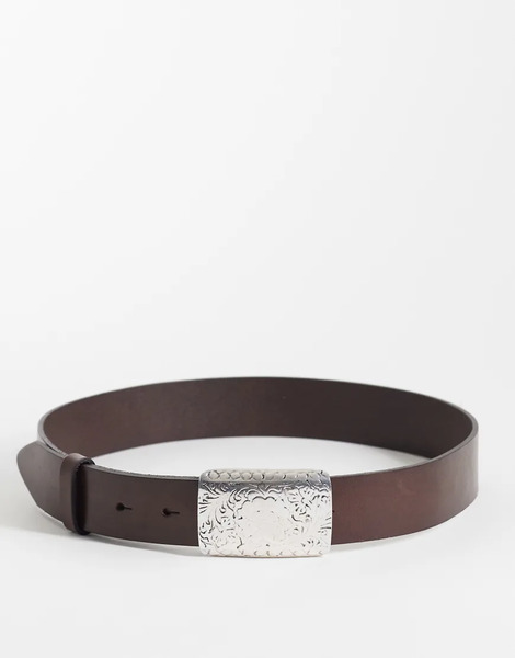  Mango Faux Leather Belt With Statement Buckle In Dark Brown 