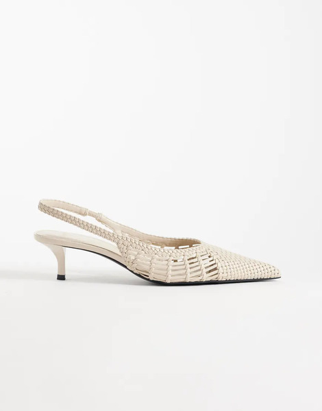  Mango Faux Leather Braided Kitten Heel Slingbacks In Beige Neutral 