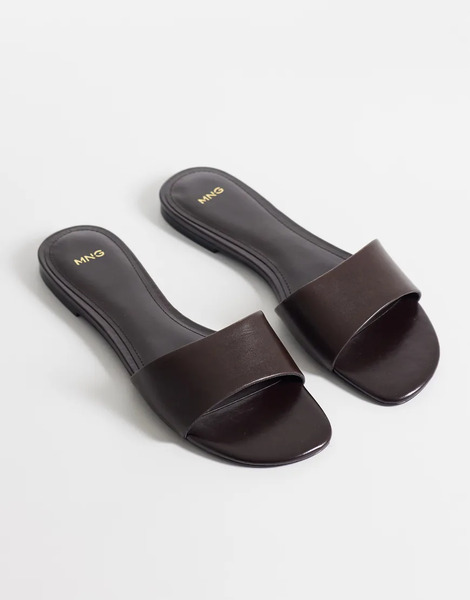  Mango Faux Leather Flat Slider In Chocolate Brown 