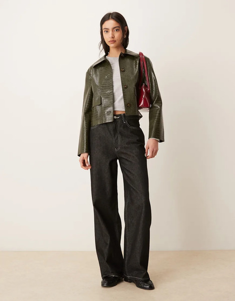  Mango Faux Leather Short Jacket In Khaki Croc Effect Green 