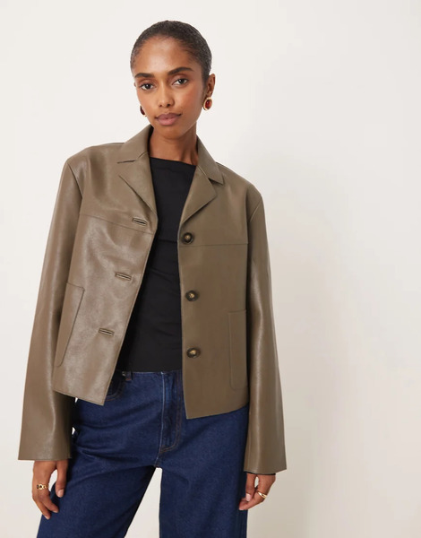  Mango Faux Leather Short Jacket In Khaki Green 