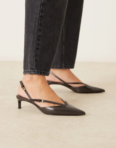  Mango Faux Leather Strappy Pointed Heeled Slingback In Charcoal Grey 