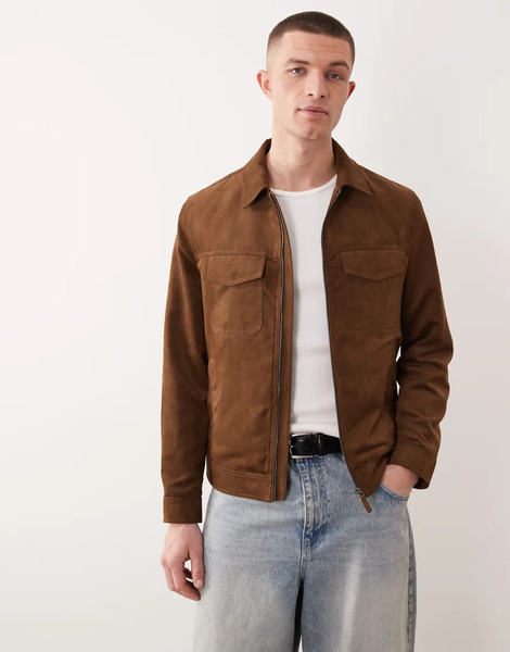  Mango Faux Suede Zip Through Jacket In Chocolate Brown 