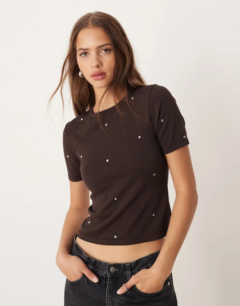  Mango Fine Knitted T Shirt With Studs In Brown 