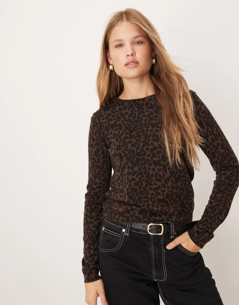  Mango Fine Knitted Top In Dark Brown Leopard Print 