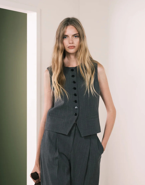  Mango Gabo Tailored Vest With Statement Buttons Co Ord In Grey Stripe 