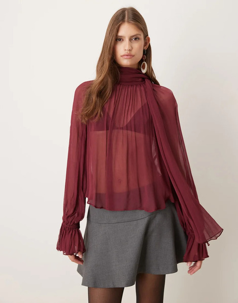  Mango Gathered Neck Blouse In Dark Red 