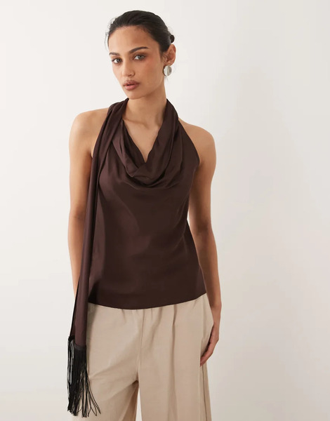  Mango Halter Cowl Neck Top In Brown 