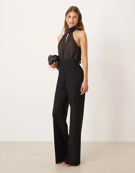  Mango High Neck Sheer Detail Jumpsuit In Black 
