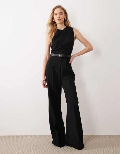  Mango High Neck Sleeveless Jumpsuit With Statement Belt In Black 