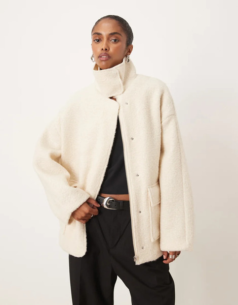  Mango High Neck Textured Utility Jacket In Winter White 
