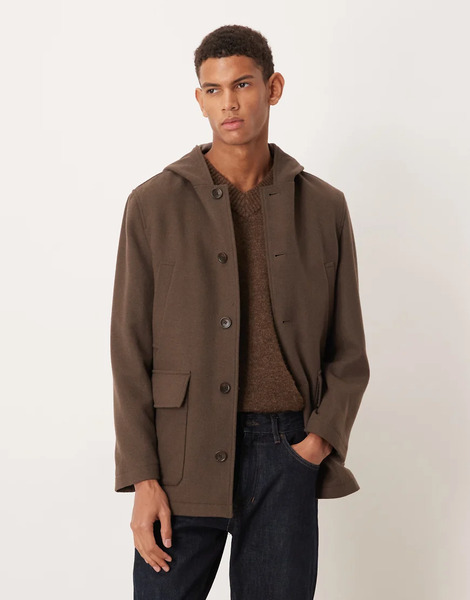  Mango Hooded Brushed Coat With Pockets In Brown 