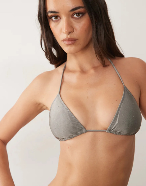  Mango Hotfix Embellished Bikini Top In Grey 