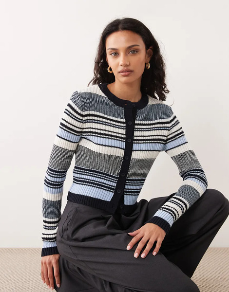  Mango Knitted Cardigan In Blue Stripe 