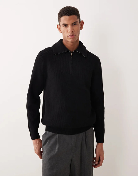  Mango Knitted Chunky Rib Half Zip Jumper In Black 