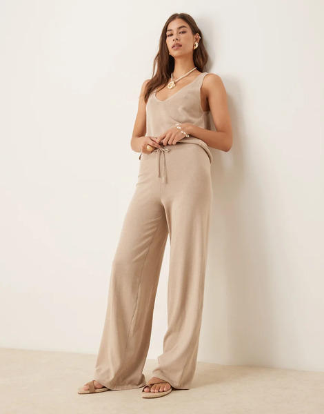  Mango Knitted Co Ord Drawstring Trouser In Beige Neutral 
