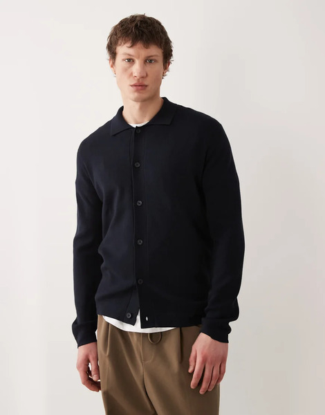  Mango Knitted Long Sleeve Shirt In Navy 