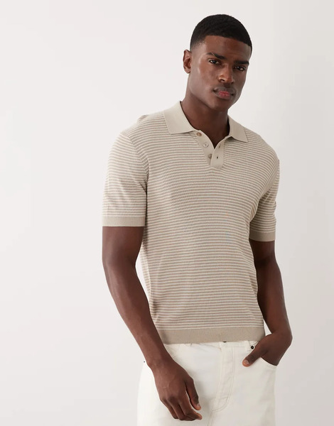  Mango Knitted Micro Striped Poloshirt In Ecru Grey 