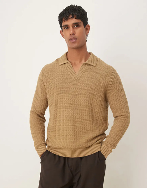  Mango Knitted Open Collar Polo Shirt In Beige Neutral 