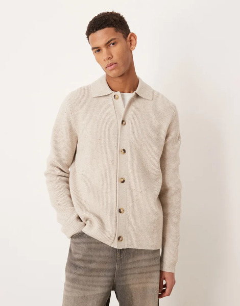  Mango Knitted Polo Cardigan In Beige Neutral 