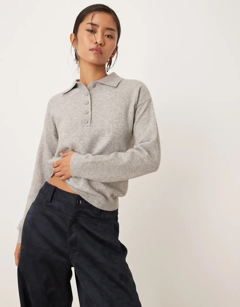  Mango Knitted Polo Top In Light Grey 