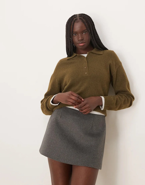  Mango Knitted Polo Top In Light Khaki Green 