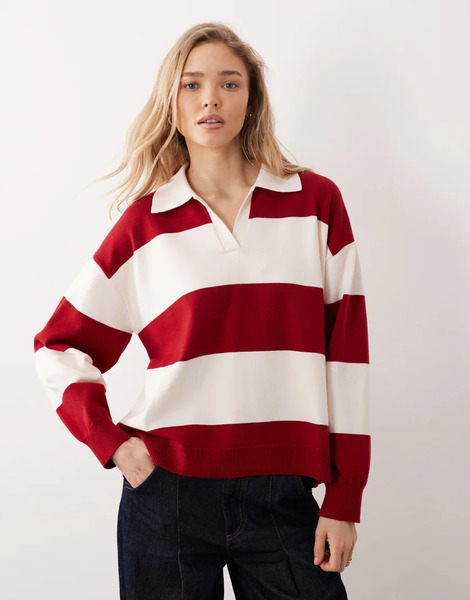  Mango Knitted Polo Top In Red And White Stripe Multi 