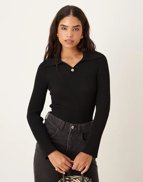  Mango Knitted Polo Top With Gold Button In Black 