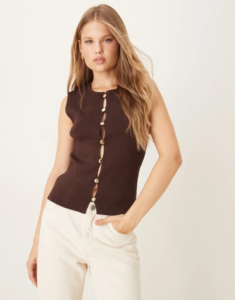  Mango Knitted Vest With Statement Buttons In Brown 
