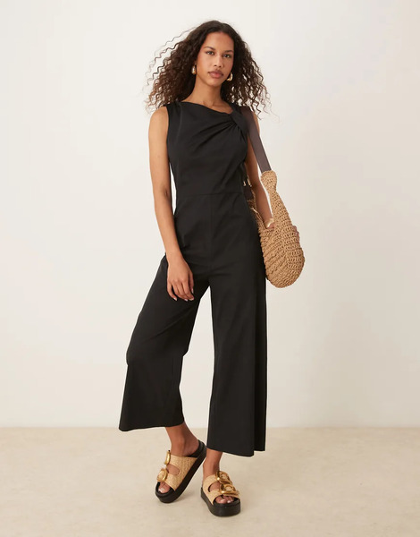  Mango Knotted Shoulder Detail Woven Jumpsuit In Black 