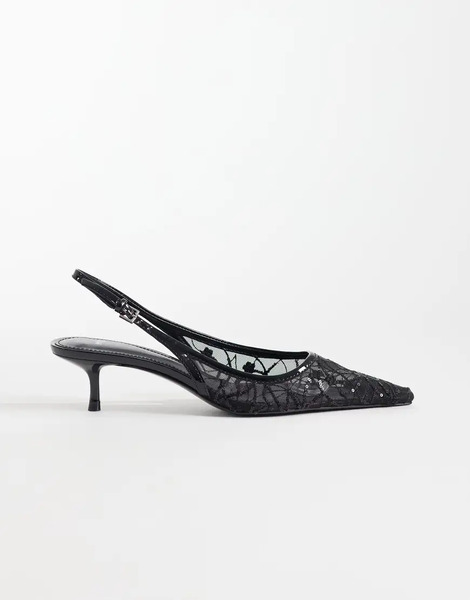  Mango Lace Detail Pointed Heeled Slingbacks In Black 
