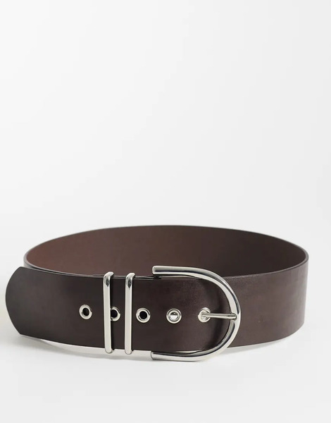  Mango 100% Leather Belt With Silver Buckle In Brown 