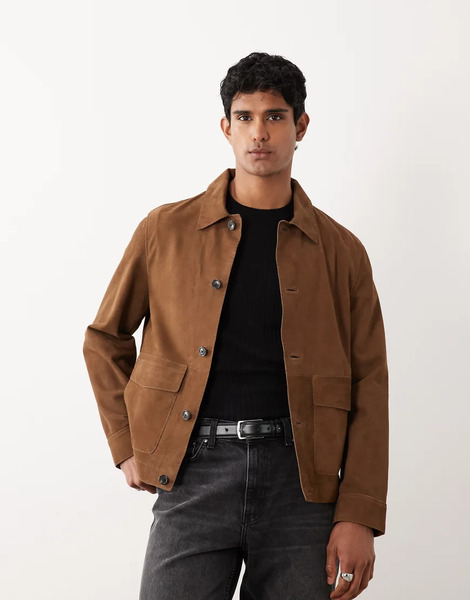  Mango 100% Leather Button Up Jacket In Tan Brown 