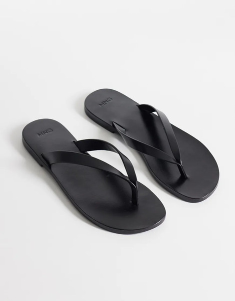  Mango 100% Leather Flip Flop In Black 
