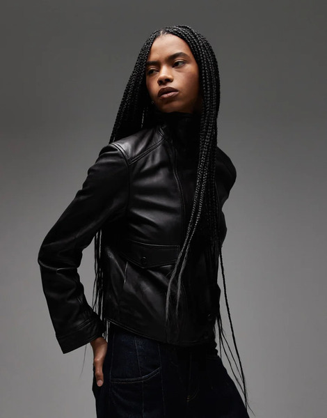  Mango Leather Funnel Neck Jacket In Dark Brown 