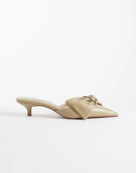  Mango 100% Leather Overized Bow Heeled Mule In Beige Neutral 