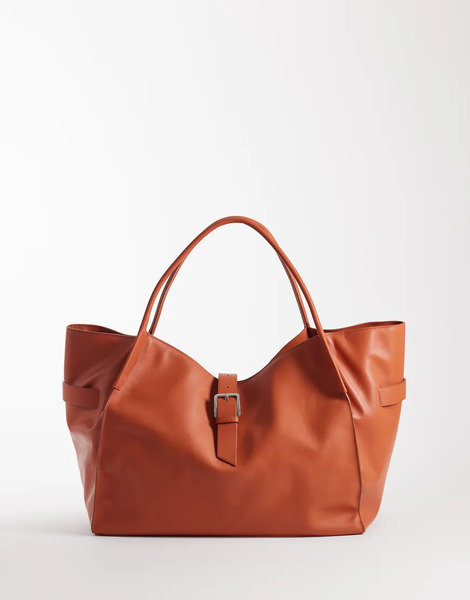 Mango 100% Leather Oversized City Bag In Orange 